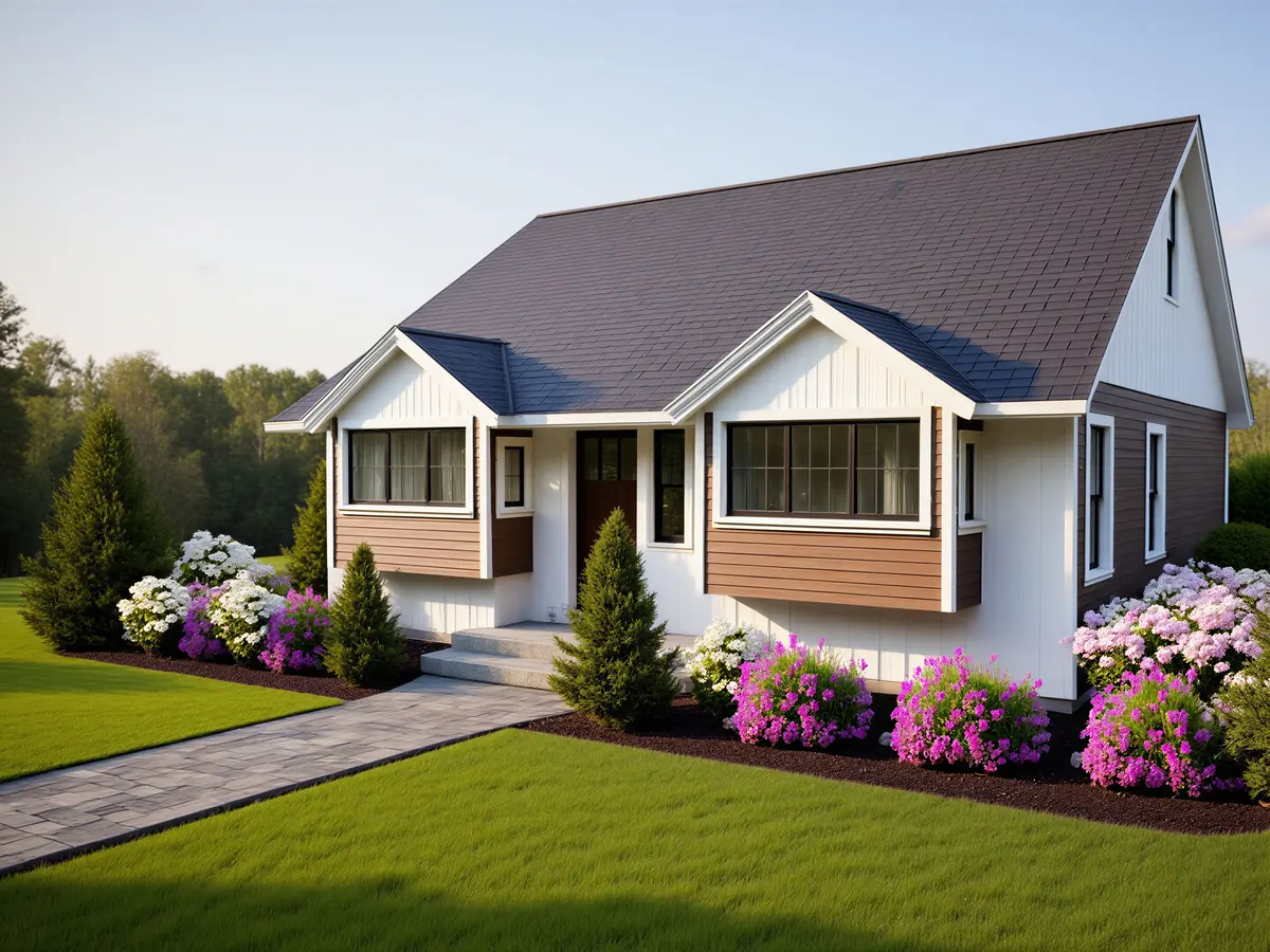 Farmhouse Style ADU, with a gabled roofline and pleasant landscaping for a lovely setting that provides independent living in a well designed ADU.